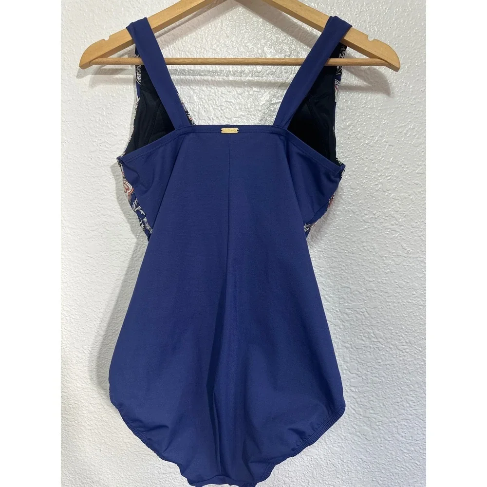 Lands End Womens Paisley Navy Blue Ruched One Piece Swimsuit V-Neck Padded Cup